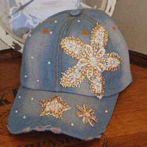 Embellished Denim Cap with Floral Design